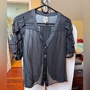 Haute Hippie Sheer Black Ruched Sleeve Drape Blouse XS